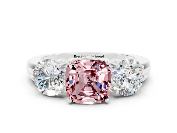 Platinum Cushion Cut Morganite Three-Stone Ring with Prong Setting and Classic Band
