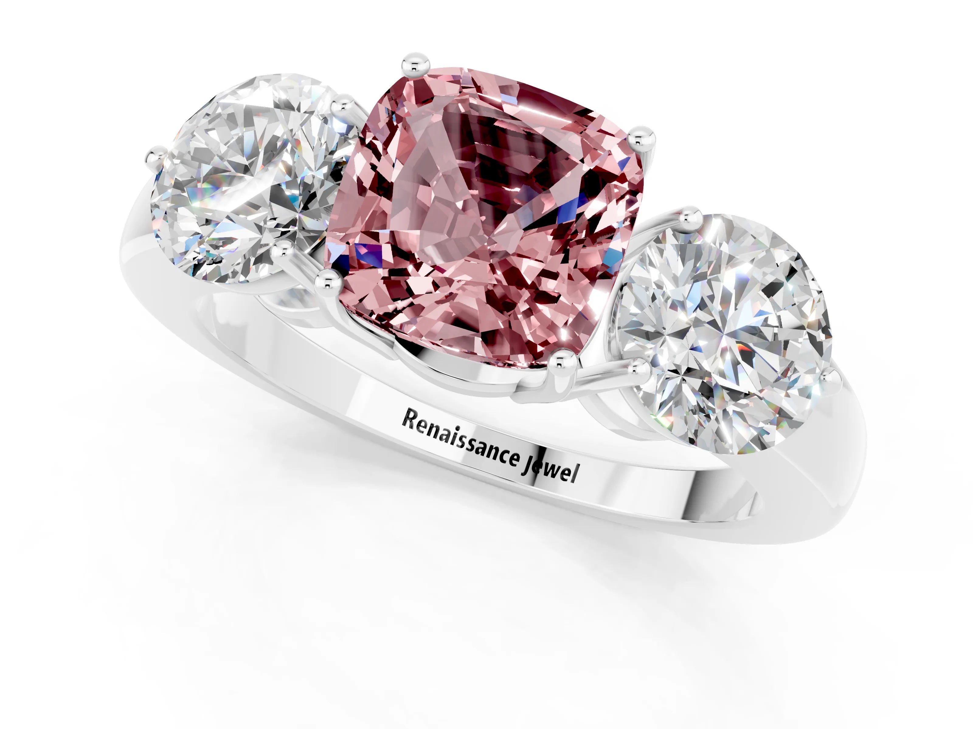 White gold Cushion Cut Morganite Three-Stone Ring with Prong Setting and Classic Band_1