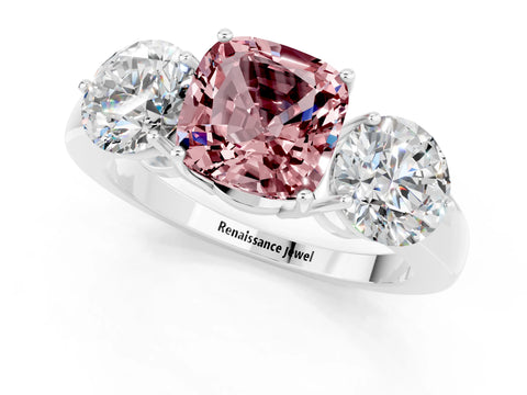White gold Cushion Cut Morganite Three-Stone Ring with Prong Setting and Classic Band_1