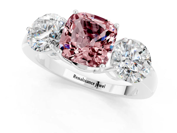 Silver Cushion Cut Morganite Three-Stone Ring with Prong Setting and Classic Band