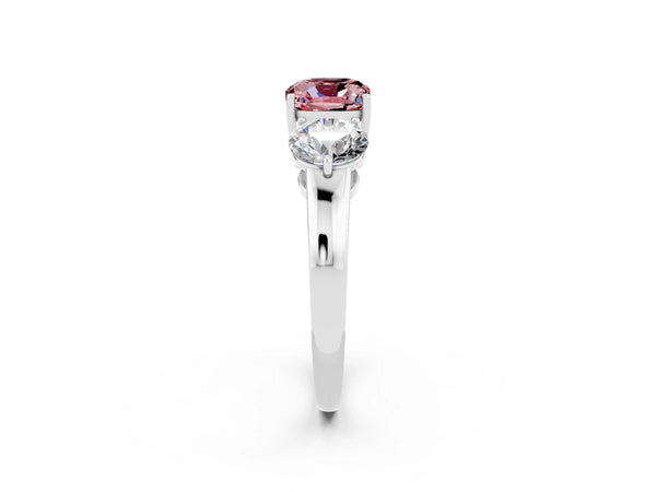 Platinum Cushion Cut Morganite Three-Stone Ring with Prong Setting and Classic Band
