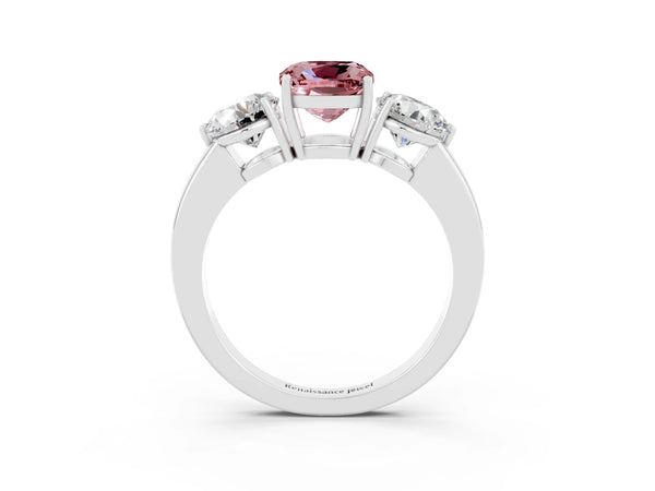 Platinum Cushion Cut Morganite Three-Stone Ring with Prong Setting and Classic Band