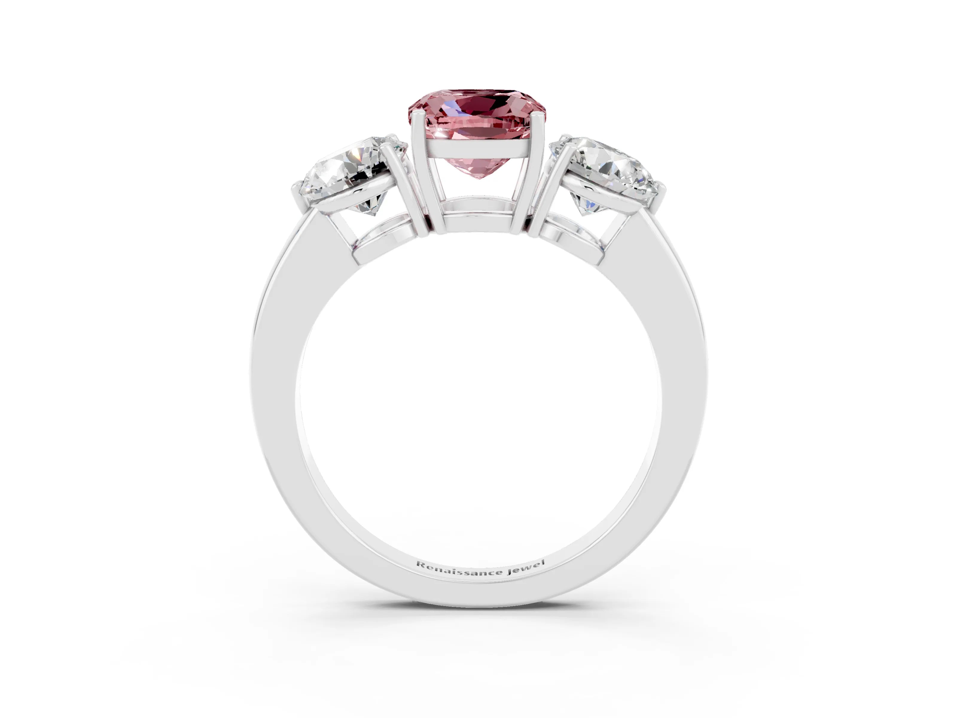 White gold Cushion Cut Morganite Three-Stone Ring with Prong Setting and Classic Band_3