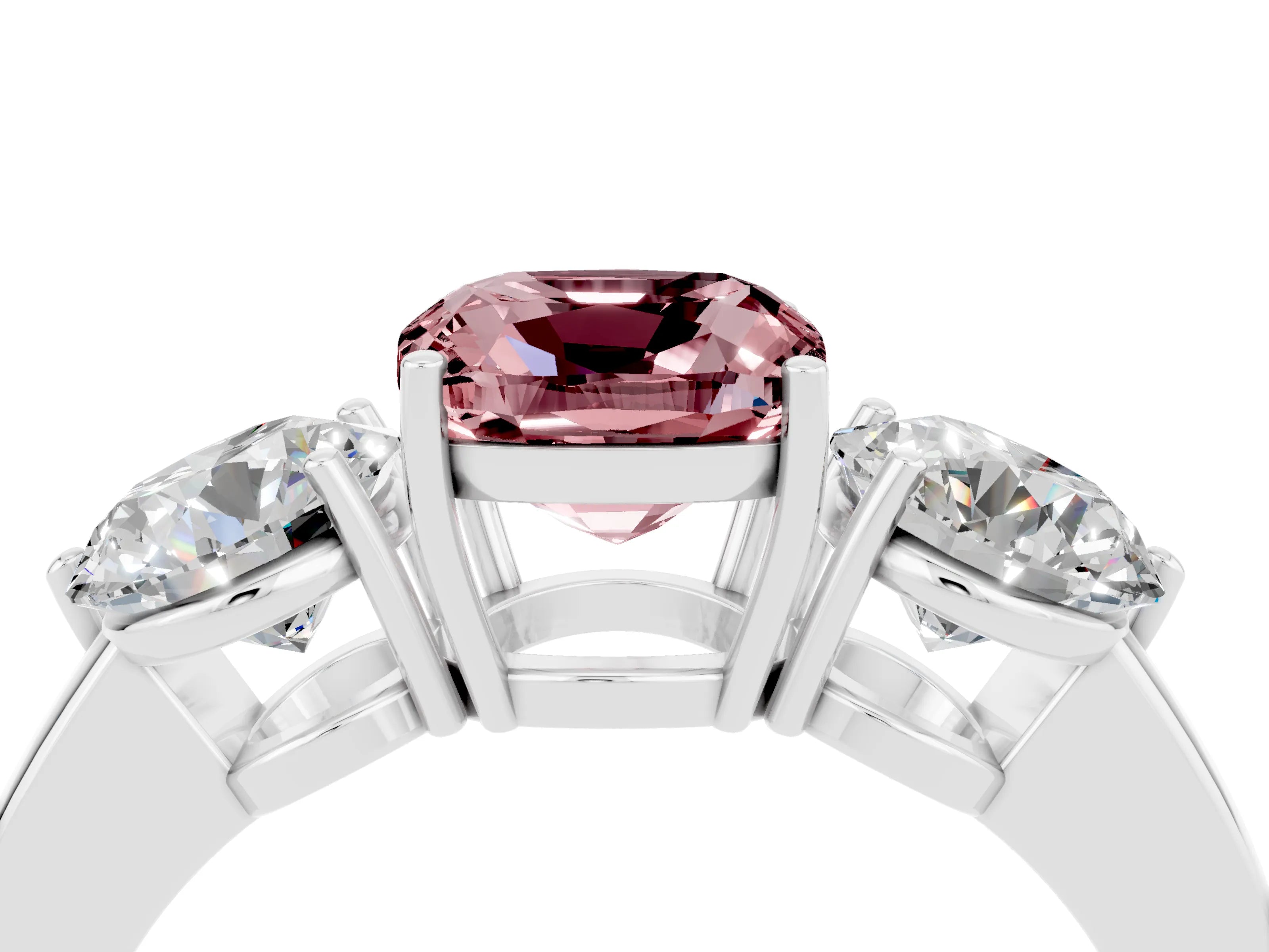 White gold Cushion Cut Morganite Three-Stone Ring with Prong Setting and Classic Band_4