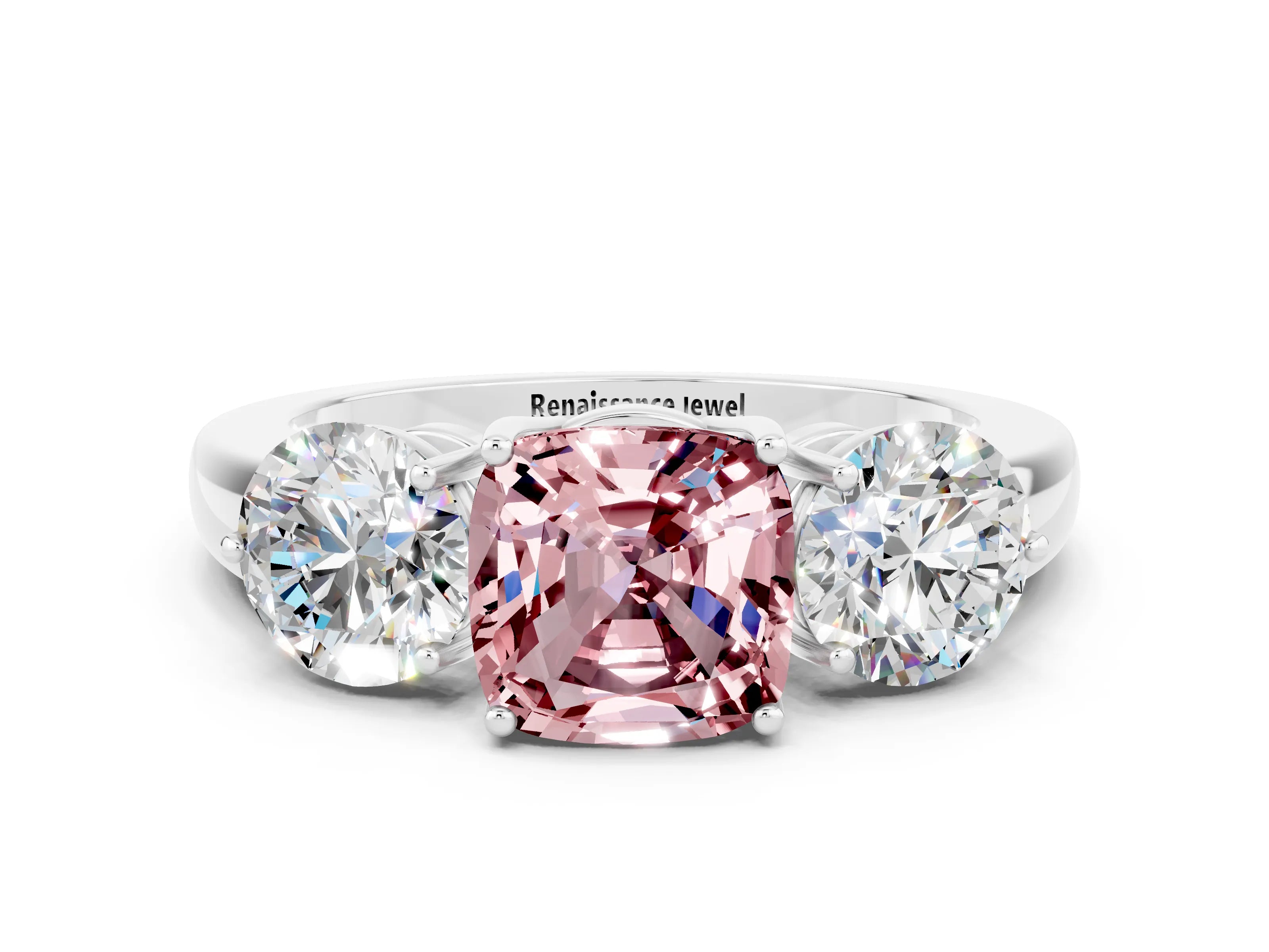 White gold Cushion Cut Morganite Three-Stone Ring with Prong Setting and Classic Band