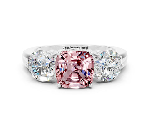 White gold Cushion Cut Morganite Three-Stone Ring with Prong Setting and Classic Band
