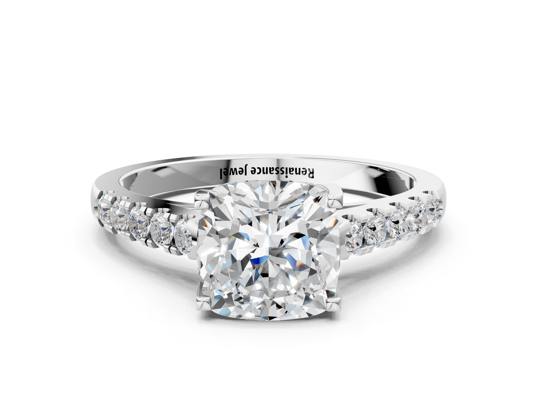 White gold Cushion Cut Pavé Band Solitaire Ring with Four-Prong Setting_317