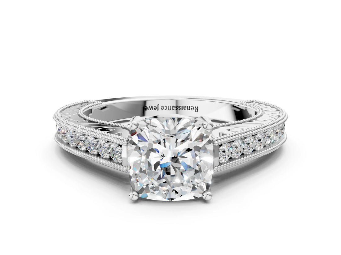 White gold Cushion Cut Pave Band Milgrain Solitaire Ring_6