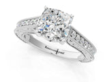 White gold Cushion Cut Pave Band Milgrain Solitaire Ring_7