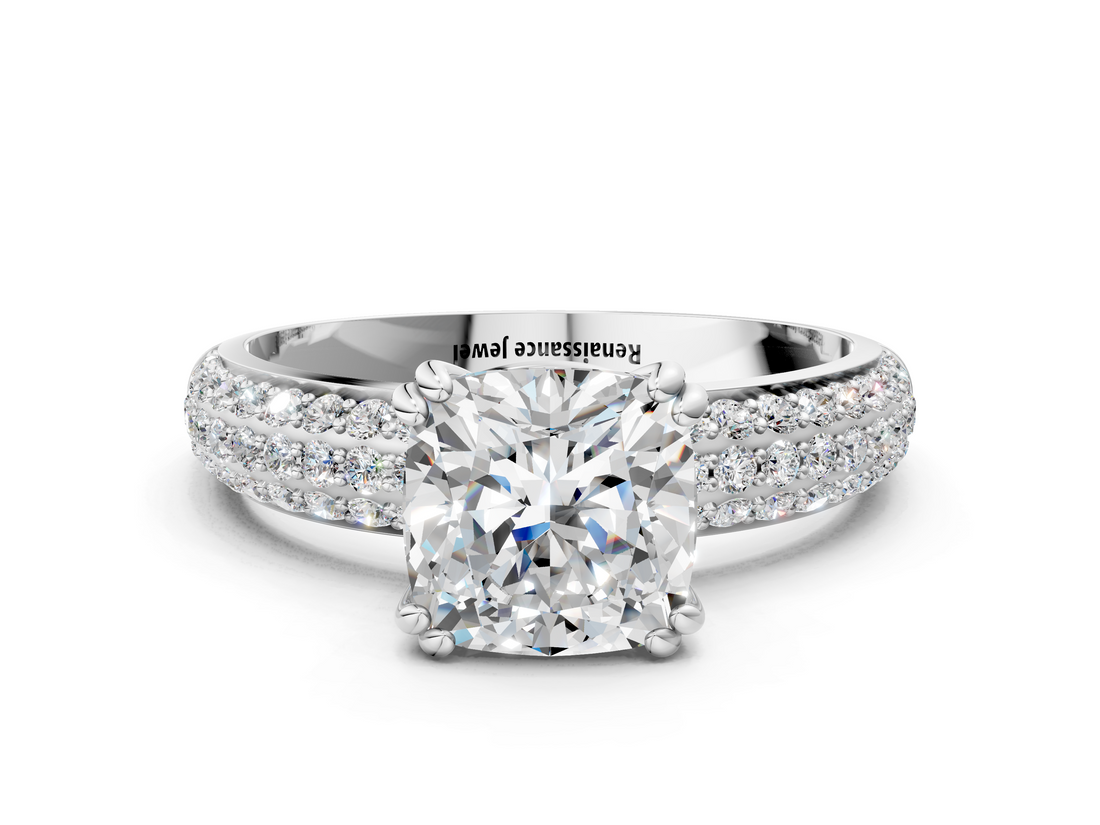 White gold Cushion Cut Pave Diamond Engagement Ring with Channel Set Band and Four-Prong Setting_26