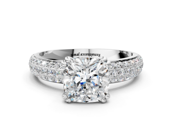 White gold Cushion Cut Pave Diamond Engagement Ring with Channel Set Band and Four-Prong Setting