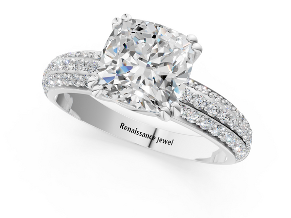 White gold Cushion Cut Pave Diamond Engagement Ring with Channel Set Band and Four-Prong Setting