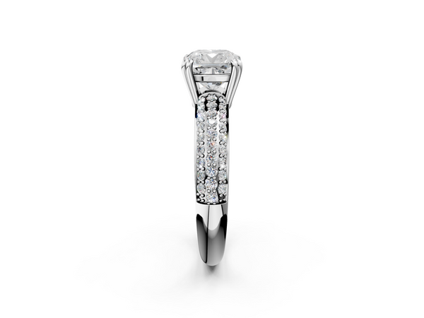 White gold Cushion Cut Pave Diamond Engagement Ring with Channel Set Band and Four-Prong Setting