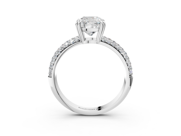 White gold Cushion Cut Pave Diamond Engagement Ring with Channel Set Band and Four-Prong Setting