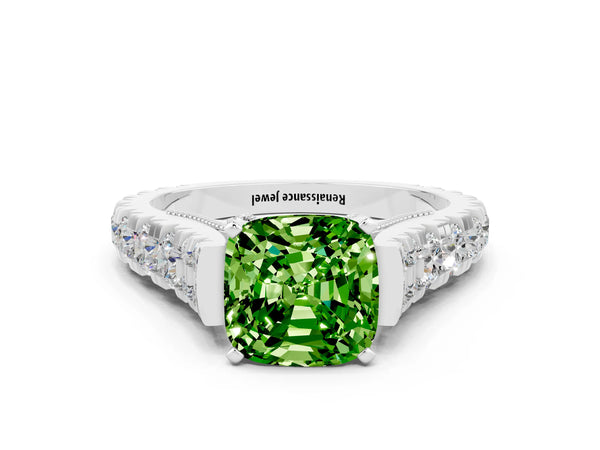 Platinum Cushion Cut Peridot Classic Solitaire Ring with Pavé Band and Four-Prong Setting