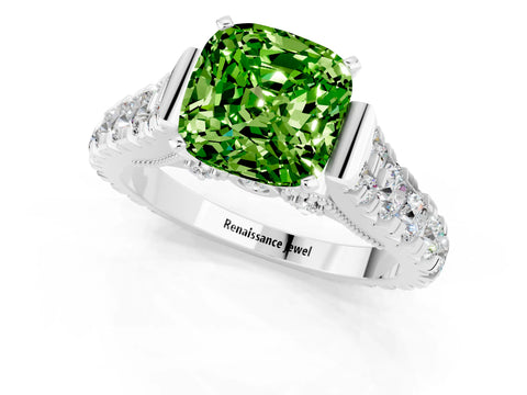 White gold Cushion Cut Peridot Classic Solitaire Ring with Pavé Band and Four-Prong Setting_1
