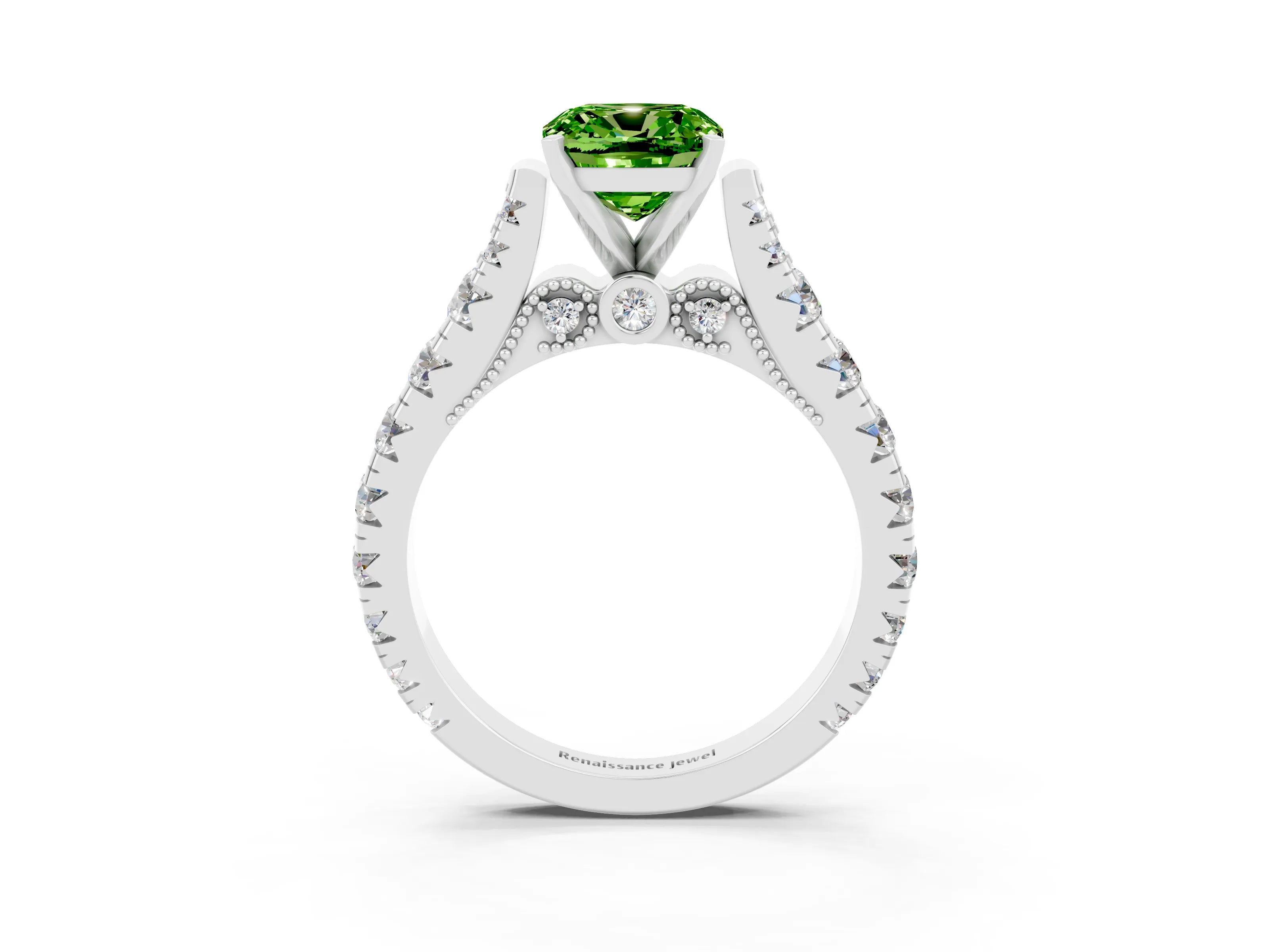 White gold Cushion Cut Peridot Classic Solitaire Ring with Pavé Band and Four-Prong Setting_3