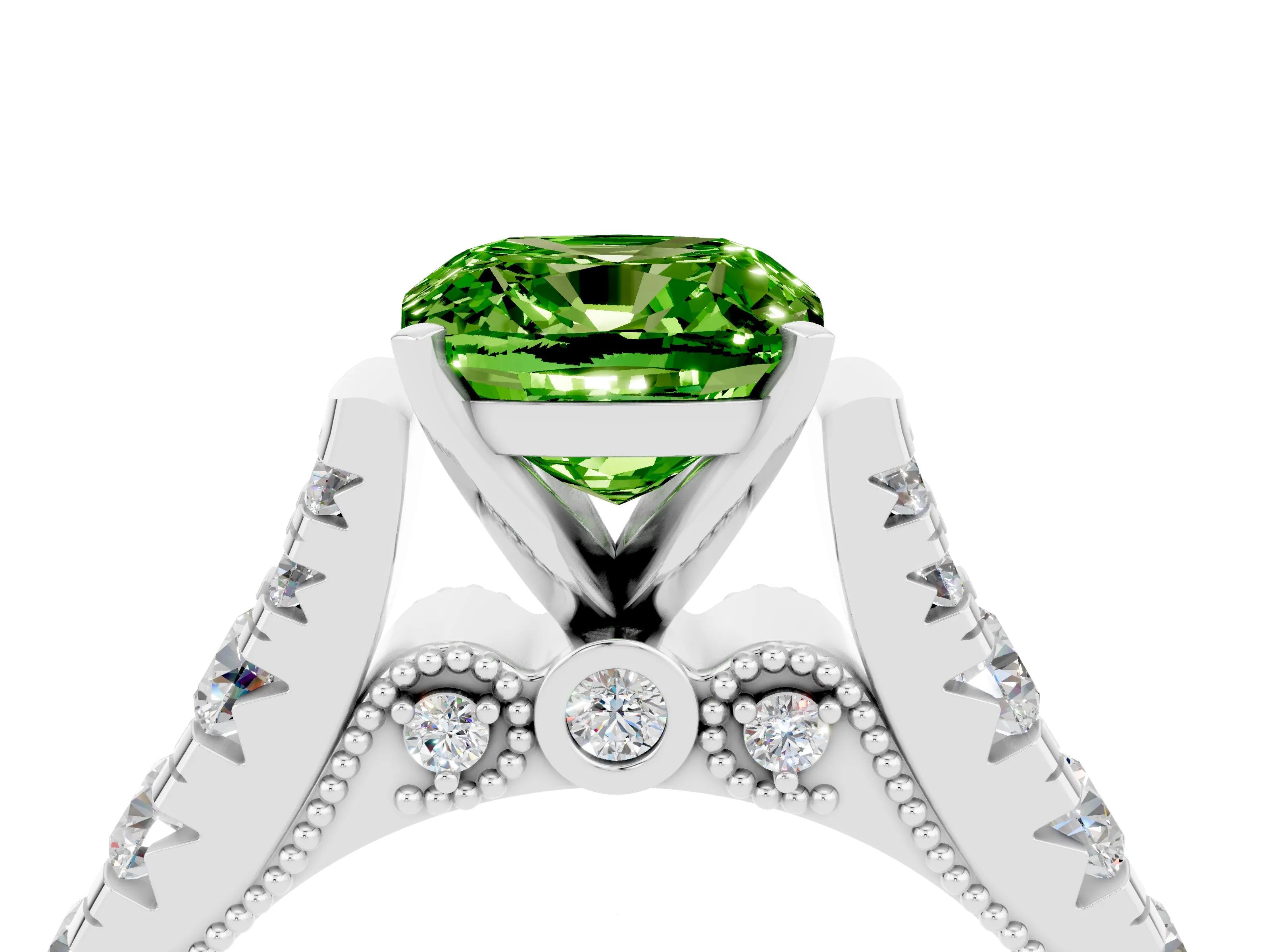 White gold Cushion Cut Peridot Classic Solitaire Ring with Pavé Band and Four-Prong Setting_4