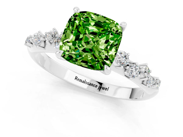 Platinum Cushion Cut Peridot Cluster Side Stone Solitaire Ring with Prong Setting