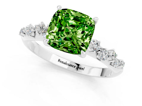 White gold Cushion Cut Peridot Cluster Side Stone Solitaire Ring with Prong Setting_25