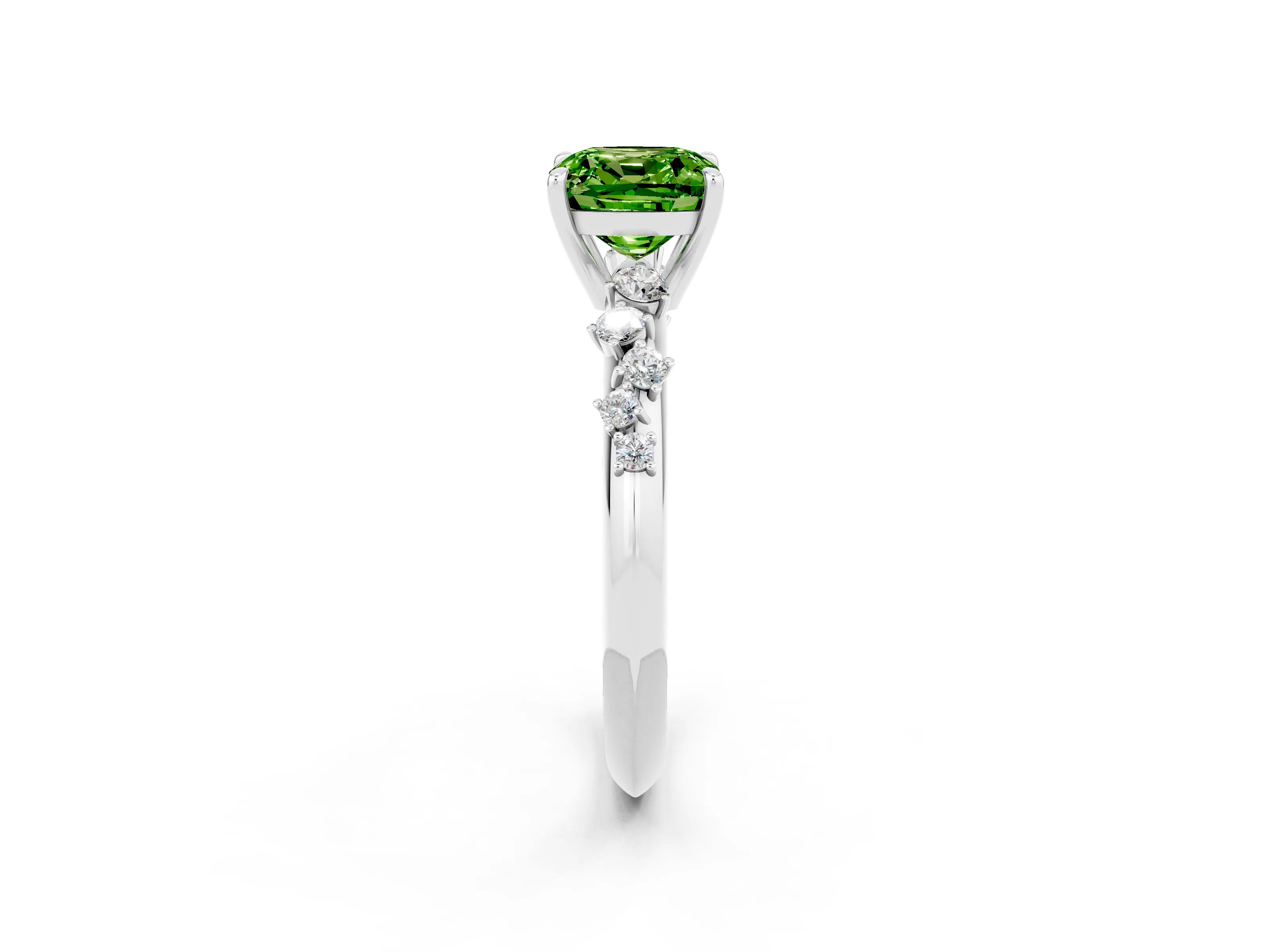 White gold Cushion Cut Peridot Cluster Side Stone Solitaire Ring with Prong Setting_26