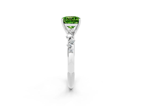 Silver Cushion Cut Peridot Cluster Side Stone Solitaire Ring with Prong Setting