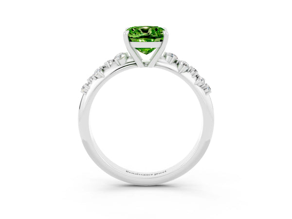 Platinum Cushion Cut Peridot Cluster Side Stone Solitaire Ring with Prong Setting