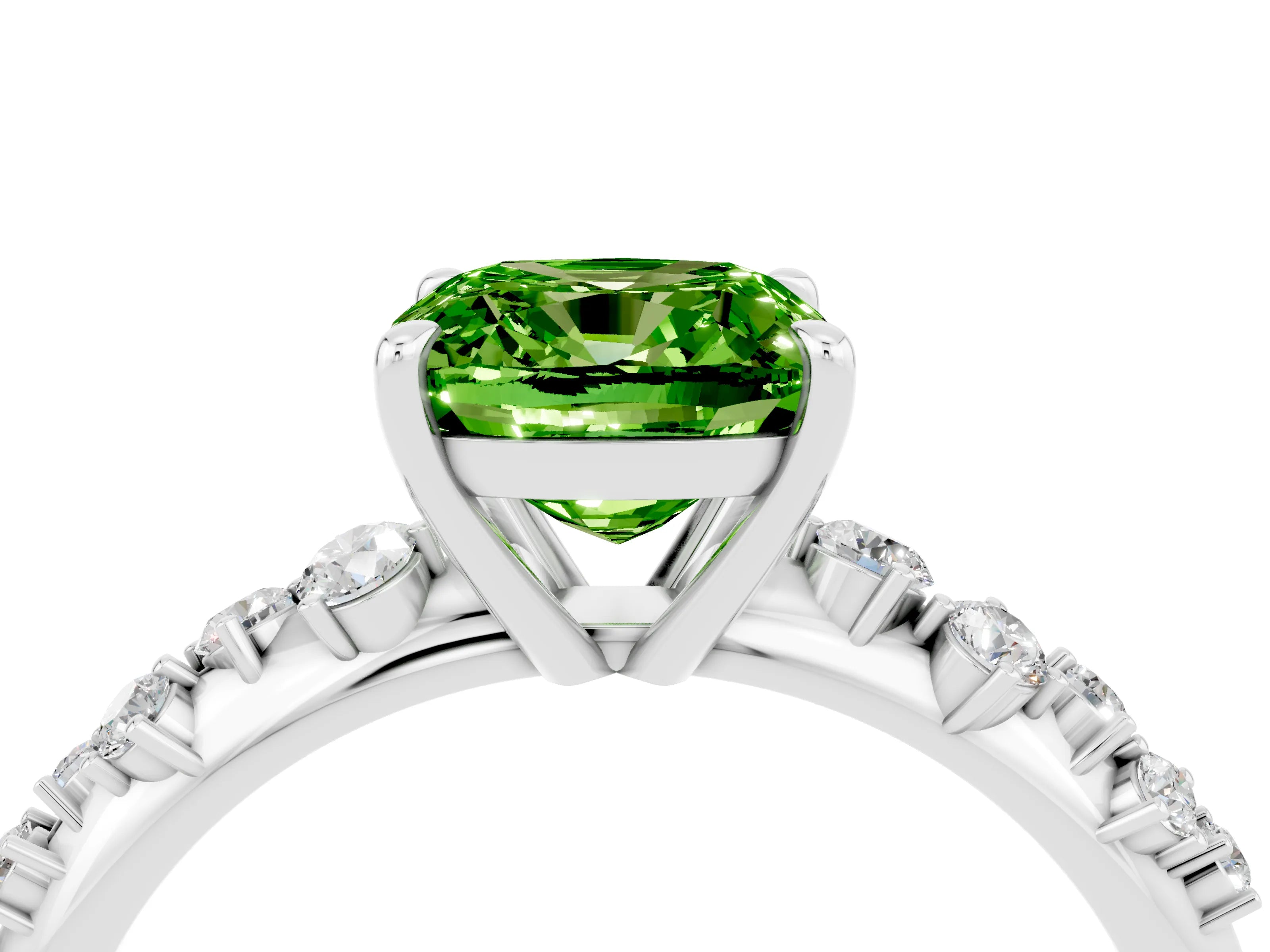 White gold Cushion Cut Peridot Cluster Side Stone Solitaire Ring with Prong Setting_28