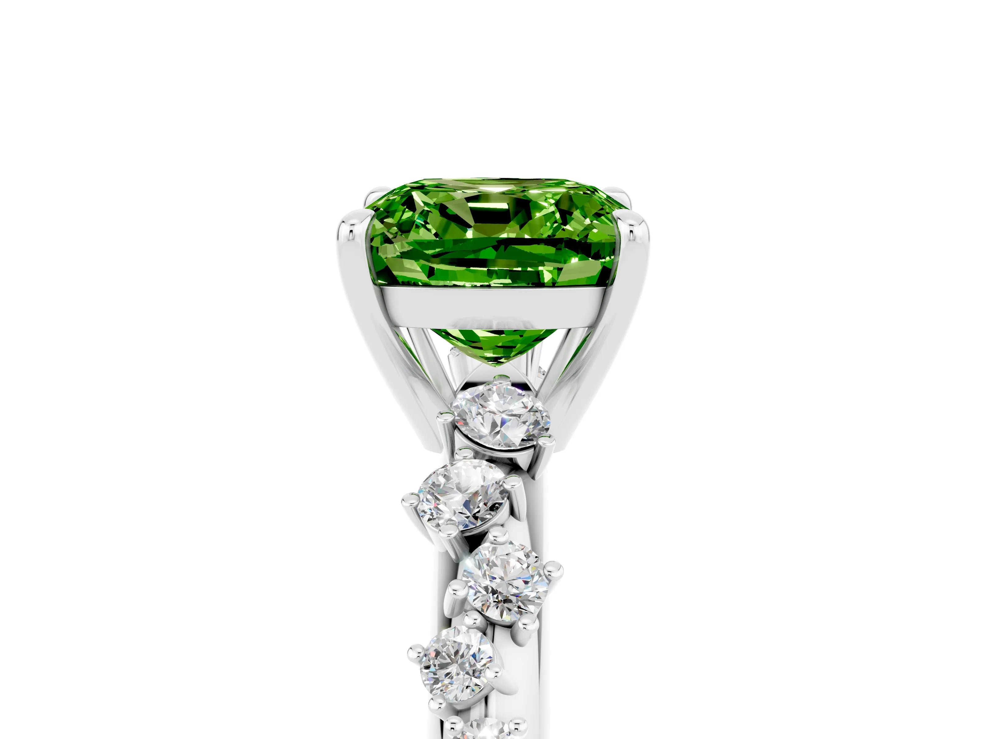 White gold Cushion Cut Peridot Cluster Side Stone Solitaire Ring with Prong Setting_29
