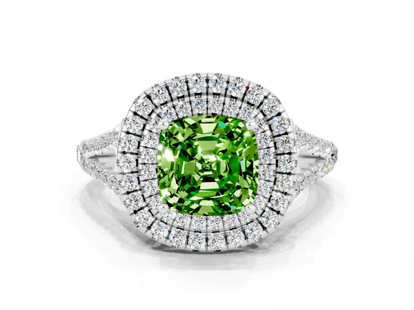 Platinum Cushion Cut Peridot Double Halo Ring with Pavé Band and Prong Setting