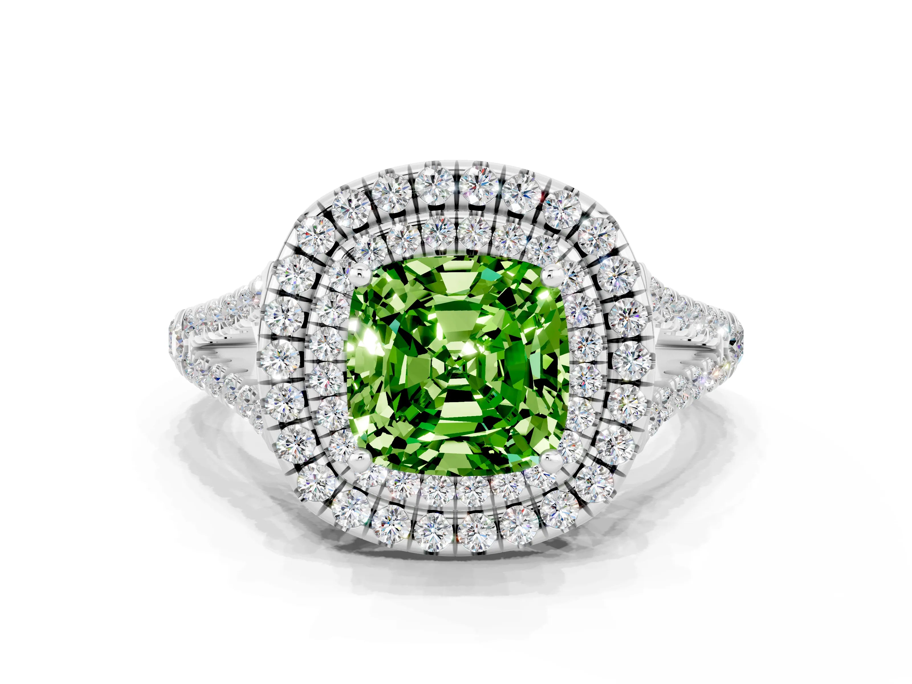 White gold Cushion Cut Peridot Double Halo Ring with Pavé Band and Prong Setting_12
