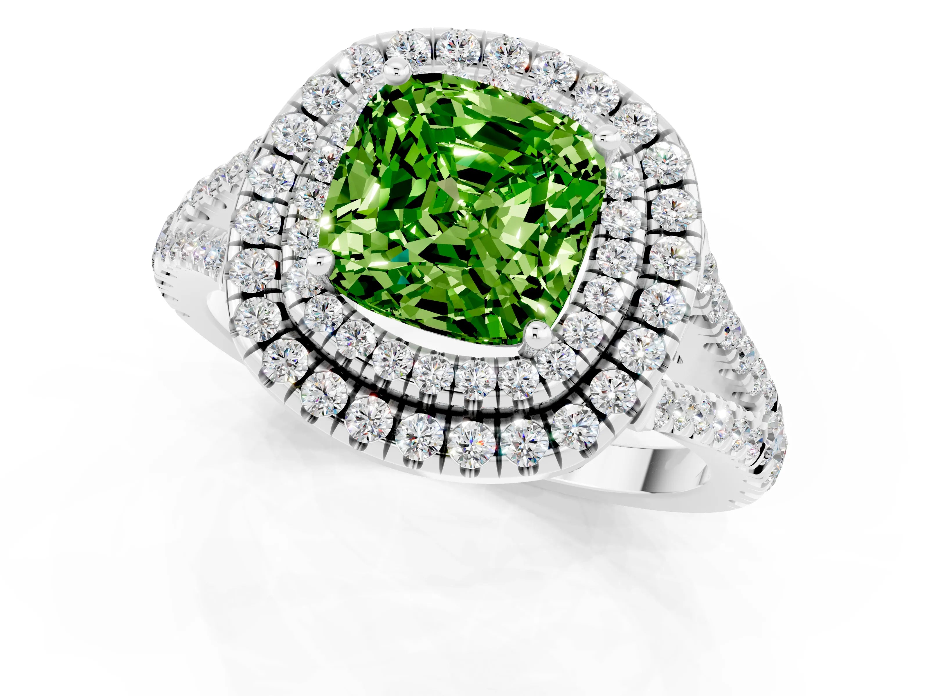 White gold Cushion Cut Peridot Double Halo Ring with Pavé Band and Prong Setting_13