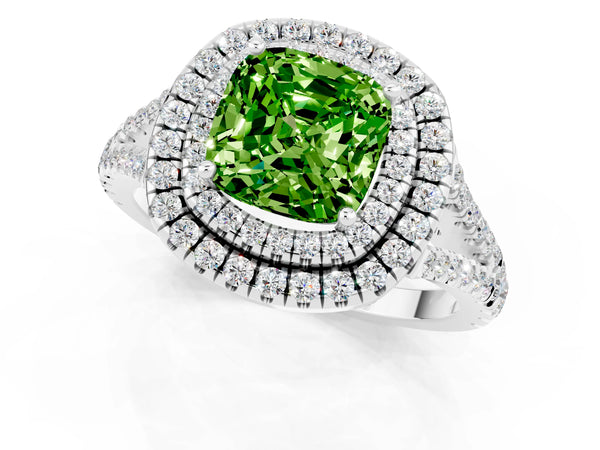 Silver Cushion Cut Peridot Double Halo Ring with Pavé Band and Prong Setting