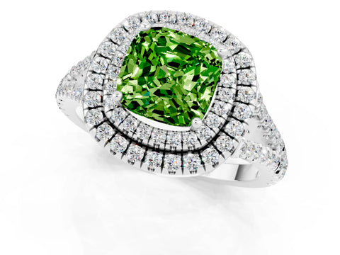 White gold Cushion Cut Peridot Double Halo Ring with Pavé Band and Prong Setting_13