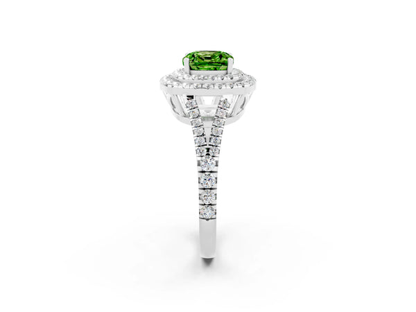 Platinum Cushion Cut Peridot Double Halo Ring with Pavé Band and Prong Setting