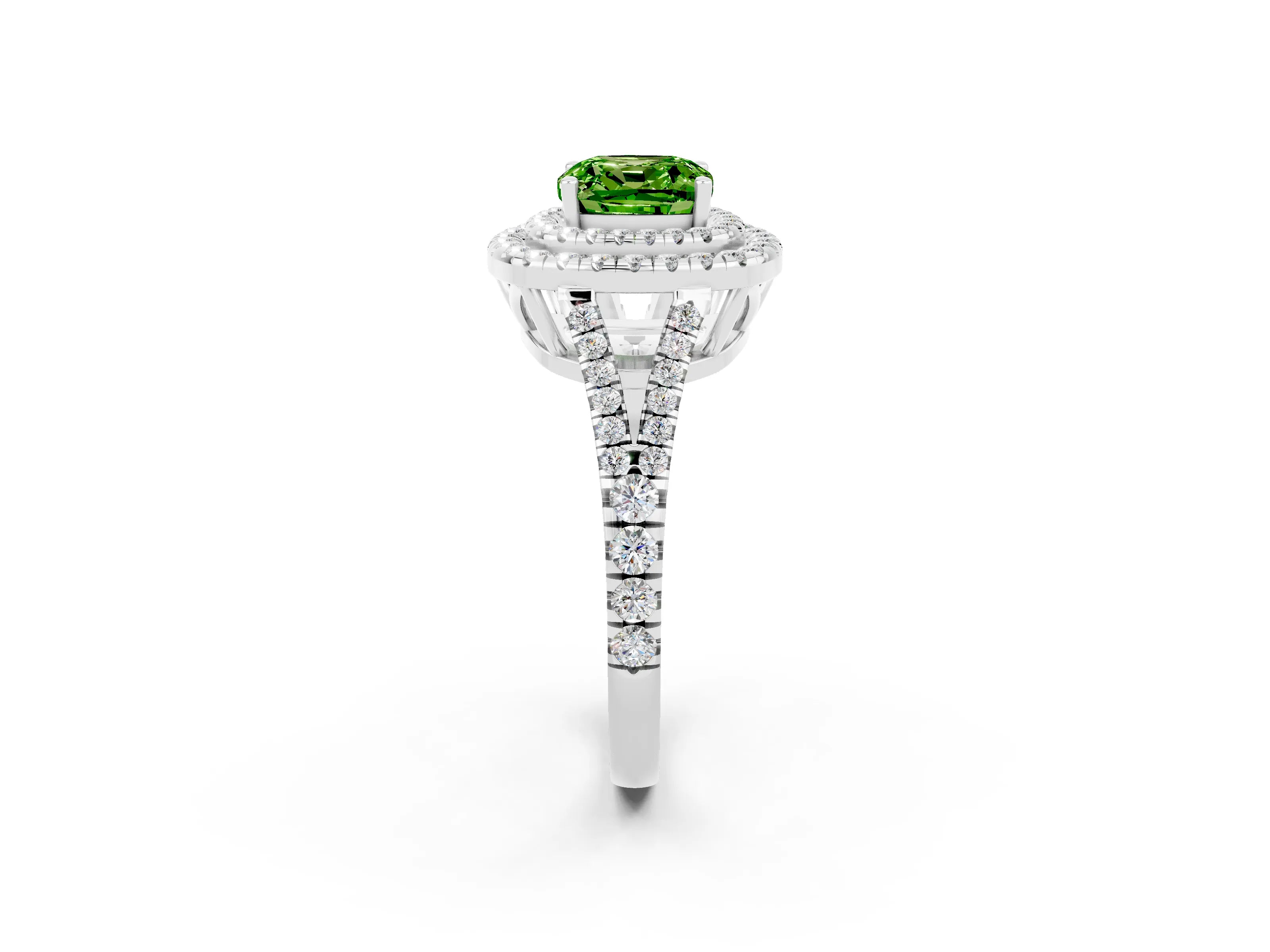 White gold Cushion Cut Peridot Double Halo Ring with Pavé Band and Prong Setting_14