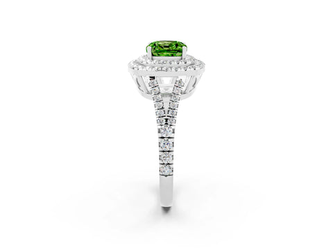 White gold Cushion Cut Peridot Double Halo Ring with Pavé Band and Prong Setting_14
