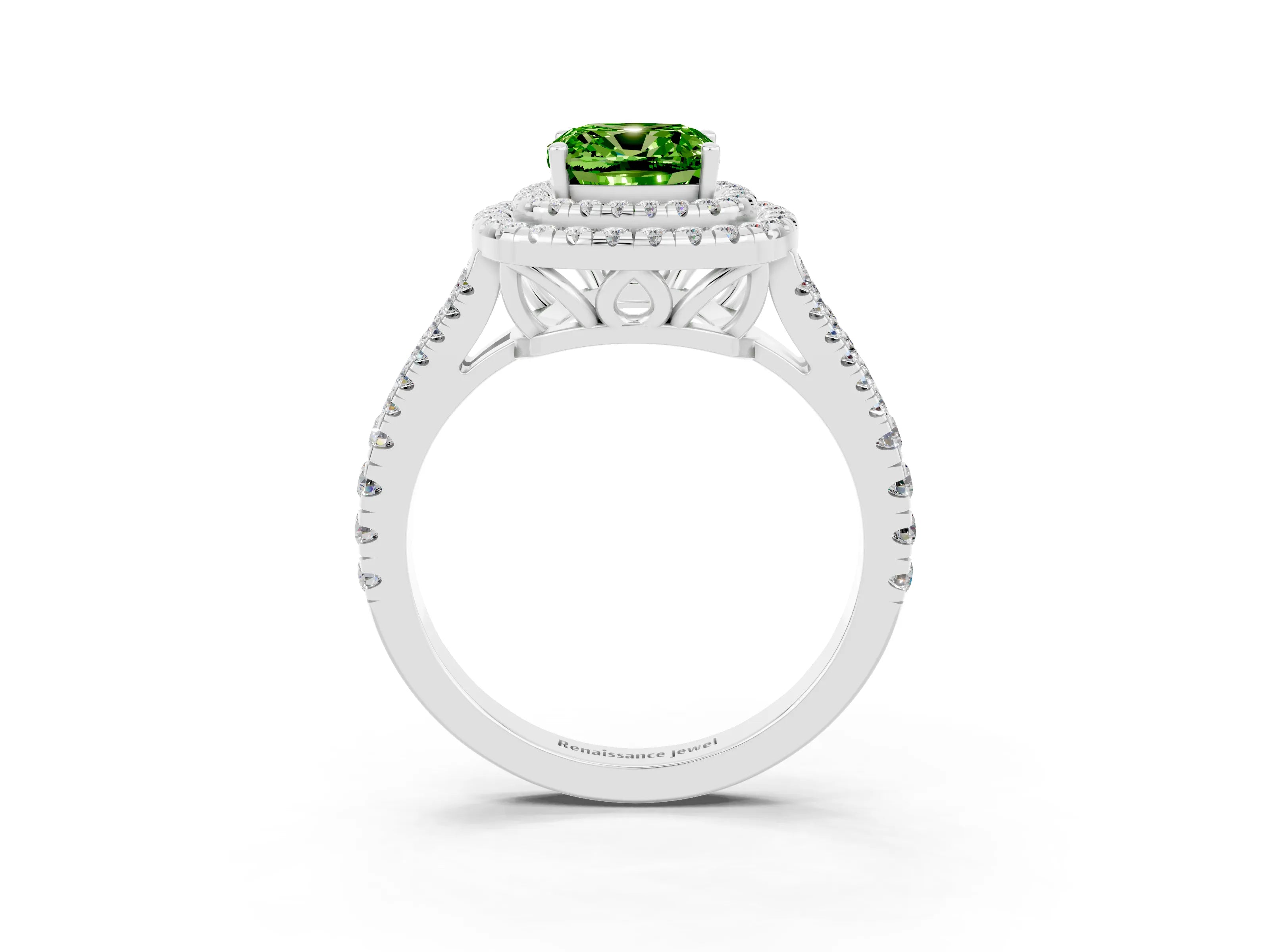 White gold Cushion Cut Peridot Double Halo Ring with Pavé Band and Prong Setting_15