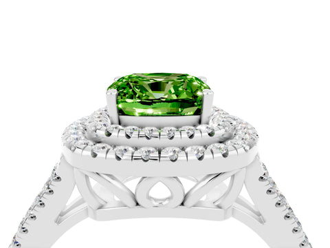 White gold Cushion Cut Peridot Double Halo Ring with Pavé Band and Prong Setting_16