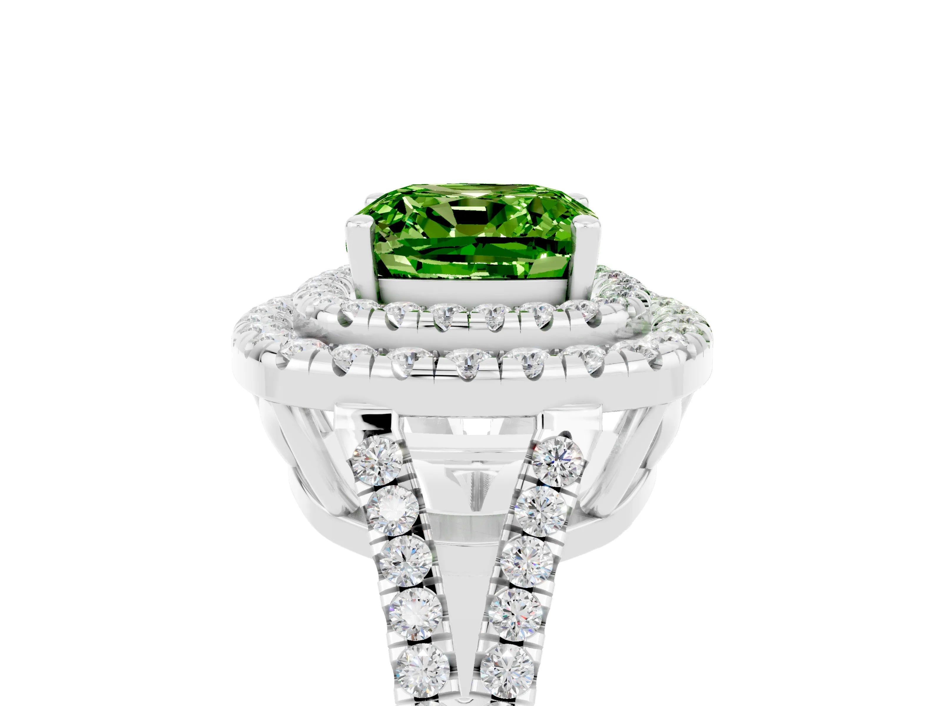 White gold Cushion Cut Peridot Double Halo Ring with Pavé Band and Prong Setting_17