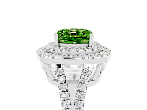 White gold Cushion Cut Peridot Double Halo Ring with Pavé Band and Prong Setting_17