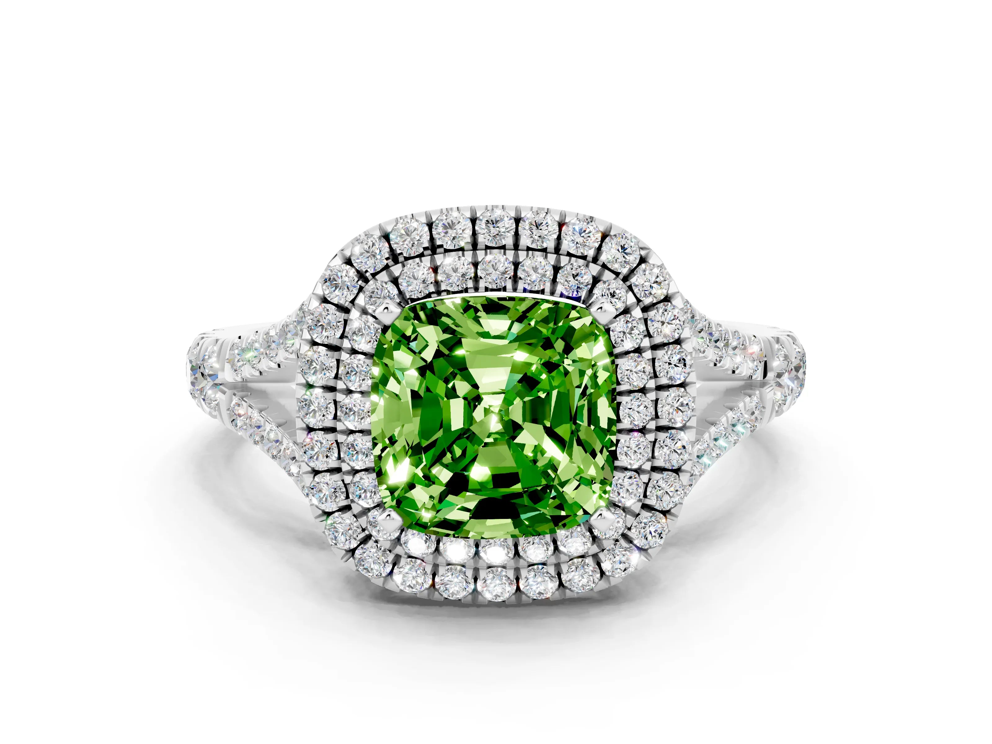 White gold Cushion Cut Peridot Double Halo Ring with Split Shank and Prong Setting_12