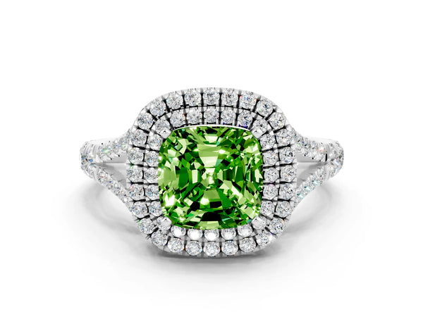 Platinum Cushion Cut Peridot Double Halo Ring with Split Shank and Prong Setting
