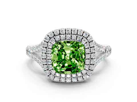 White gold Cushion Cut Peridot Double Halo Ring with Split Shank and Prong Setting_12