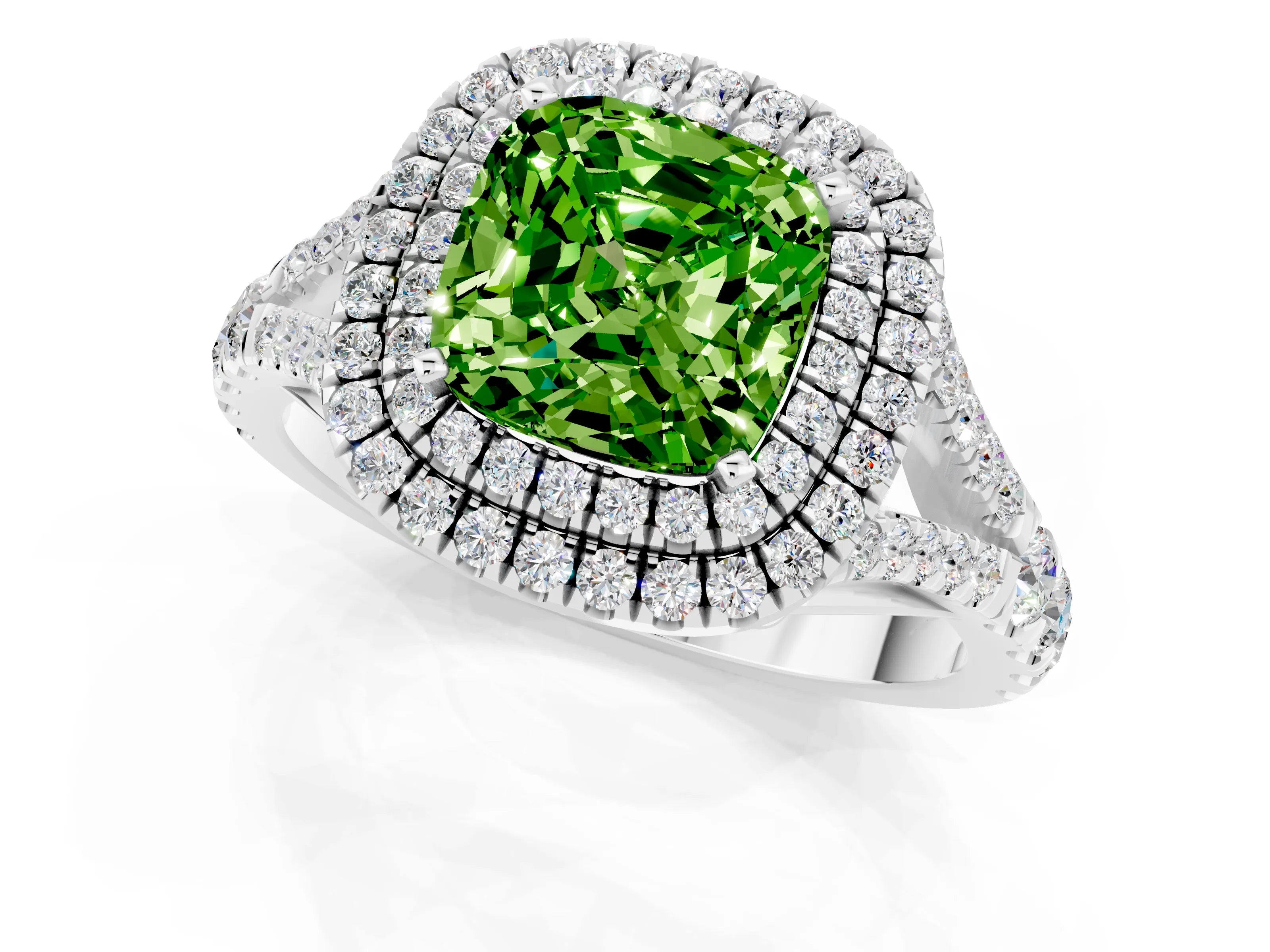 White gold Cushion Cut Peridot Double Halo Ring with Split Shank and Prong Setting_13
