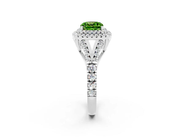 Silver Cushion Cut Peridot Double Halo Ring with Split Shank and Prong Setting