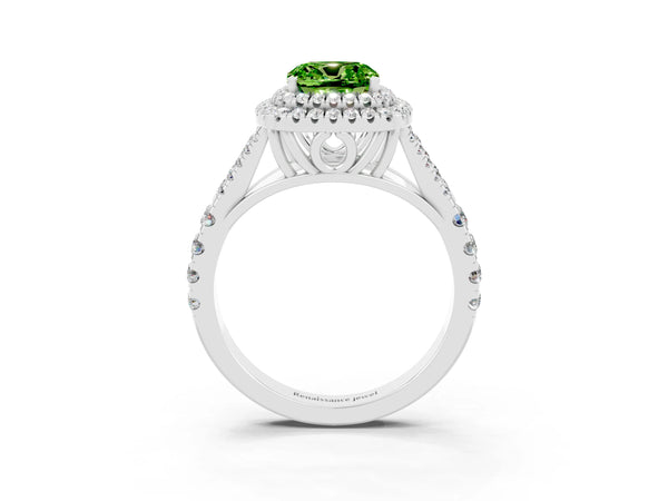 Silver Cushion Cut Peridot Double Halo Ring with Split Shank and Prong Setting
