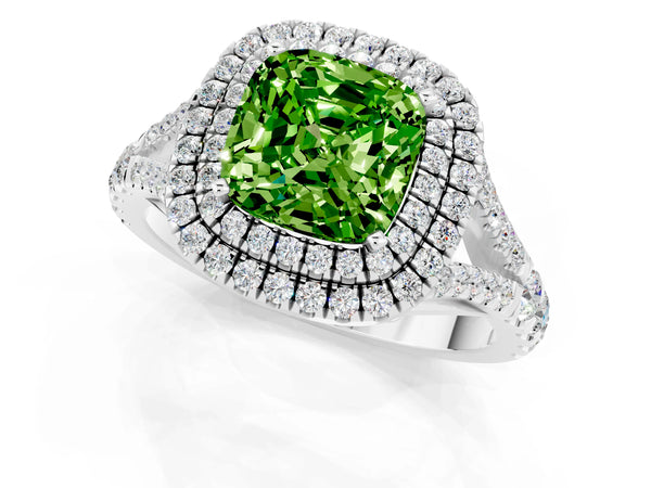 White gold Cushion Cut Peridot Double Halo Ring with Split Shank and Prong Setting