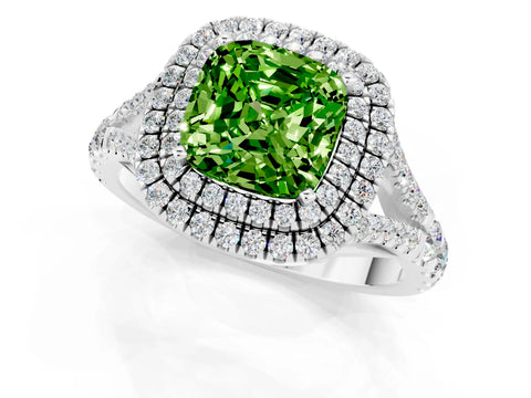 White gold Cushion Cut Peridot Double Halo Ring with Split Shank and Prong Setting_25