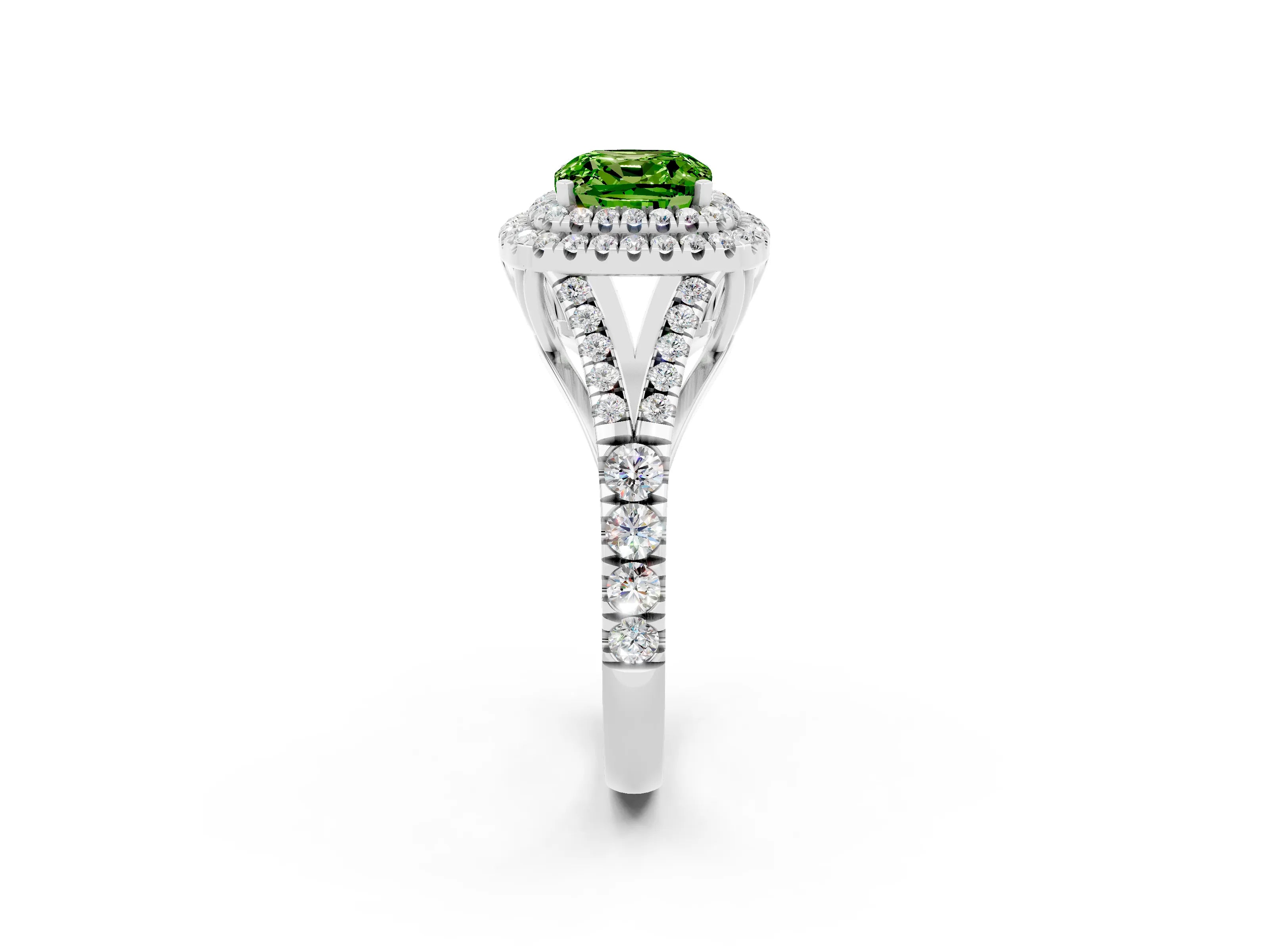 White gold Cushion Cut Peridot Double Halo Ring with Split Shank and Prong Setting_26
